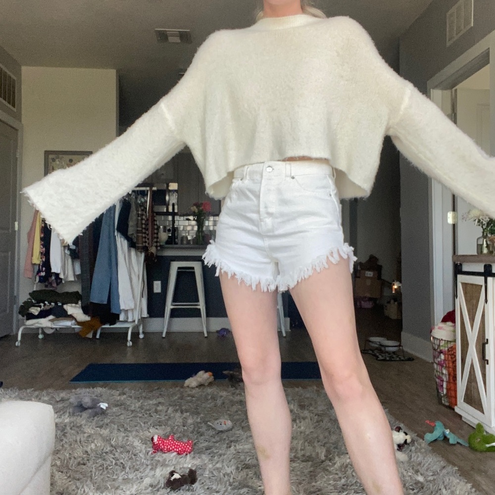 Cream mock neck cropped bell sleeve sweater
